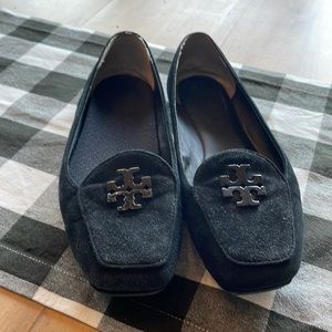 Tory Burch black suede loafers.  Size 8. Leather upper and leather lining.